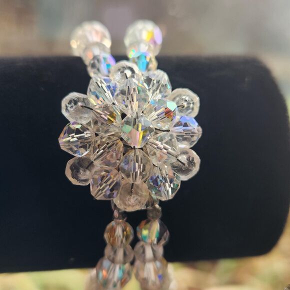 Bracelet & Dangle Earrings Set AB Crystal Bead Double Strand Wedding VTG Jewelry - Picture 5 of 13